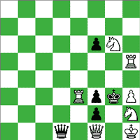 White: Kh1, Qf1, Re3, Rh5, Ng6, Nh2, Ph3 (7) Black: Kg3, Qd1, Pf2,  Pf3, Pf6  (5)